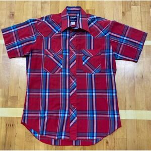 VTG Wrangler Cowboy Cut Mens Red Plaid Short Sleeve Western Pearl Snap Shirt 16